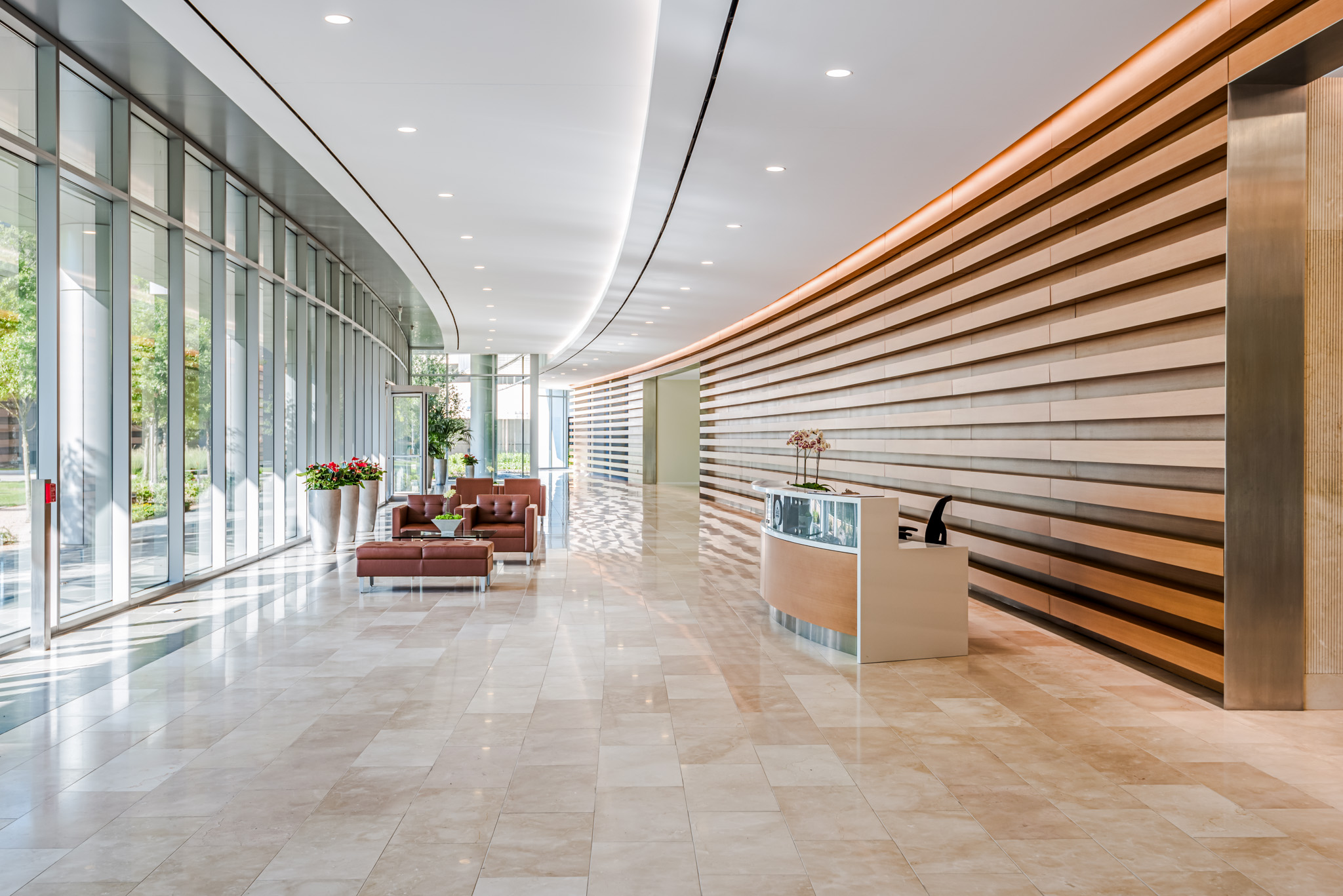 Spacious and modern office lobby with a curved wooden wall, large windows, seating area, and a reception desk
